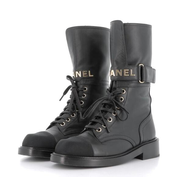 Chanel 2021 Interlocking CC Logo Leather Combat Boots - Picture 1 of 16